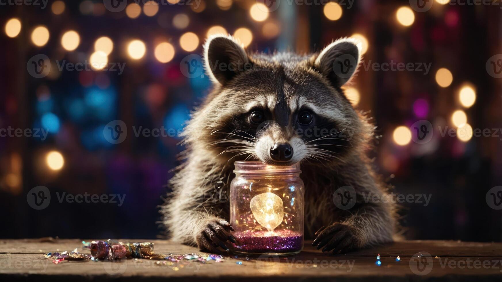 A raccoon curiously holds a jar with glowing contents amidst a festive background. photo