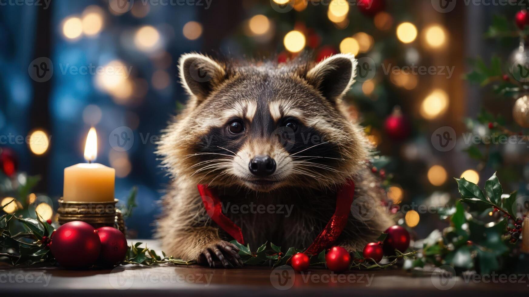 A raccoon adorned with festive decorations sits beside a candle and ornaments, evoking holiday cheer. photo