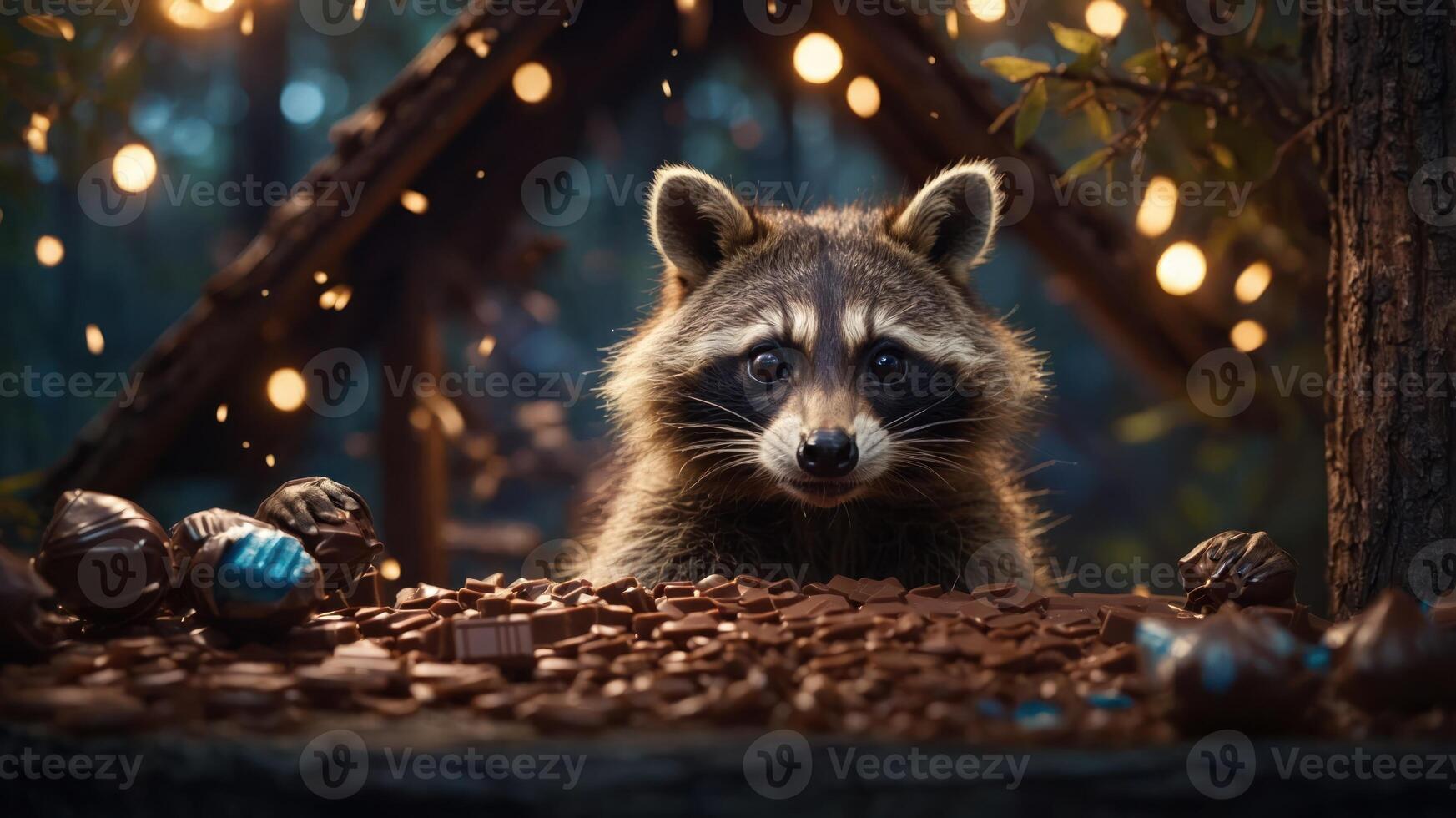 A raccoon curiously gazes at a pile of chocolates in a whimsical, illuminated forest setting. photo