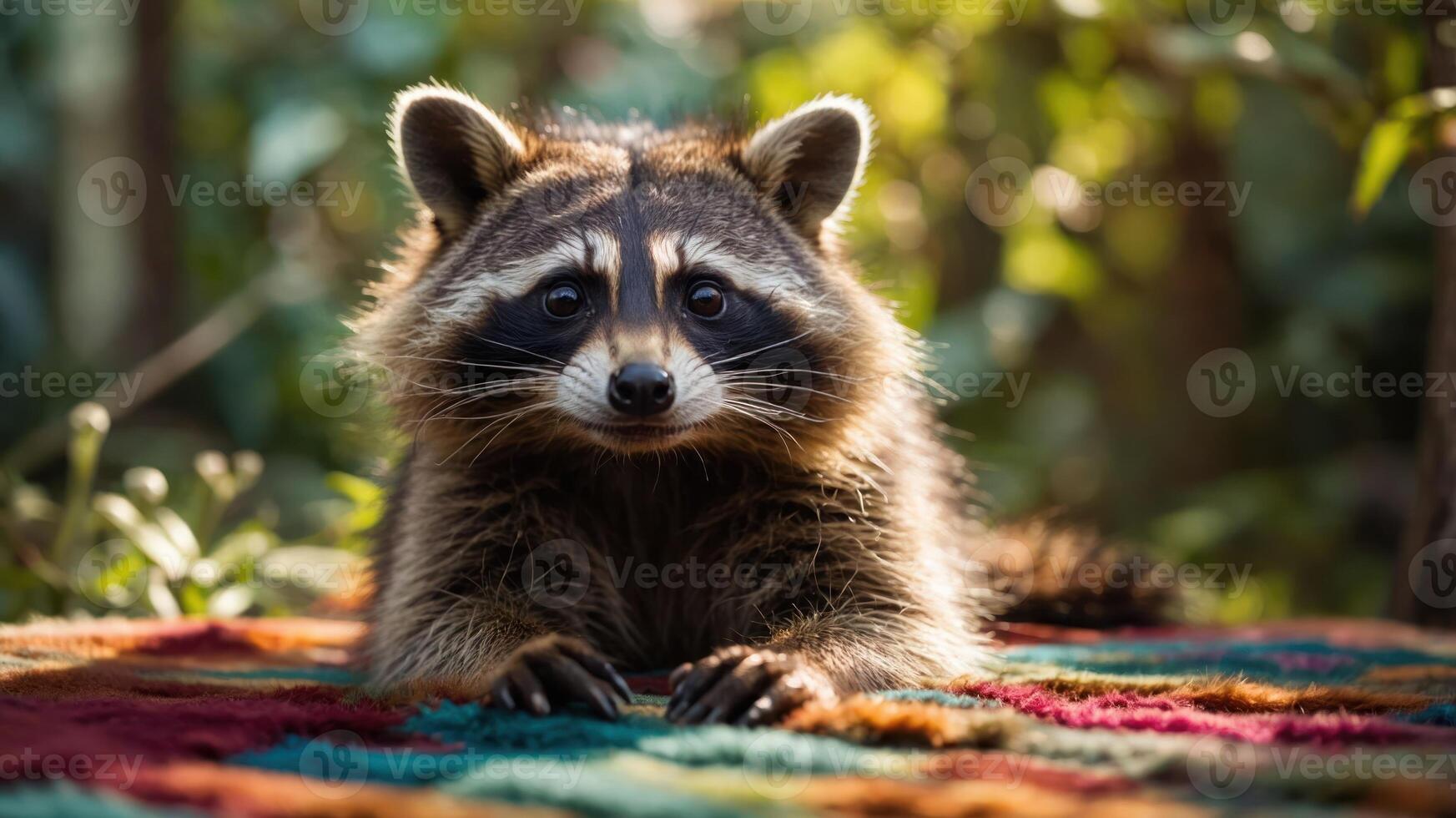 A raccoon resting on a colorful blanket in a natural setting, showcasing its curious expression. photo