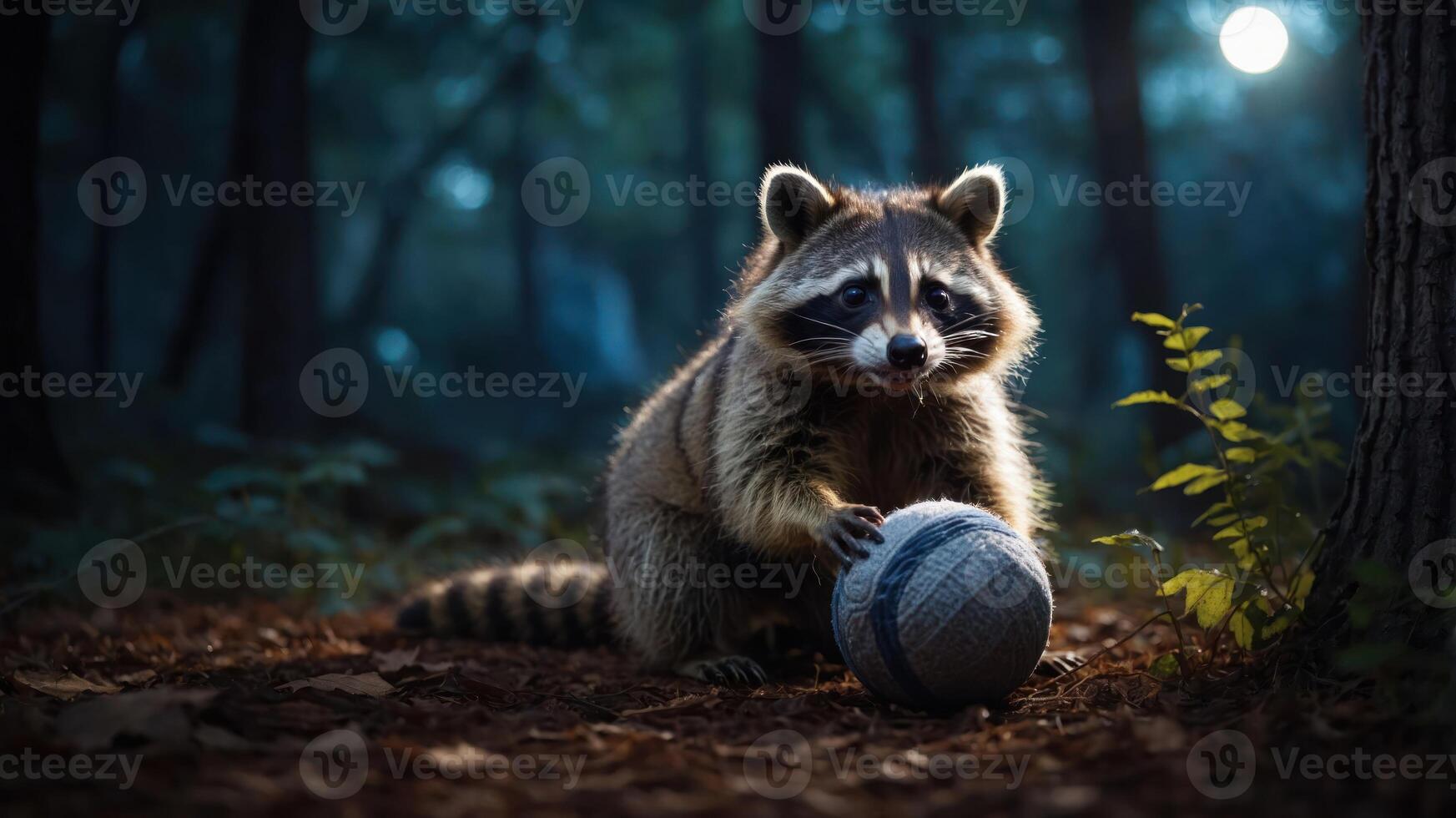 A raccoon playing with a ball in a dimly lit forest setting. photo