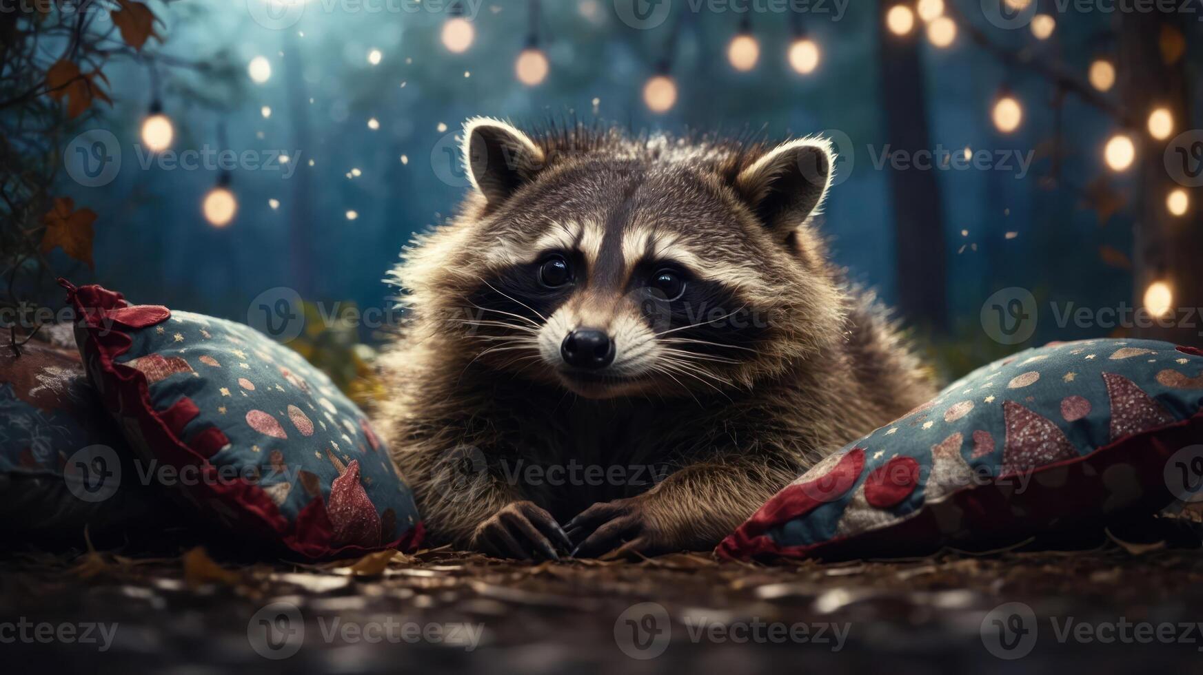 A raccoon rests on cushions in a serene, softly lit forest setting. photo