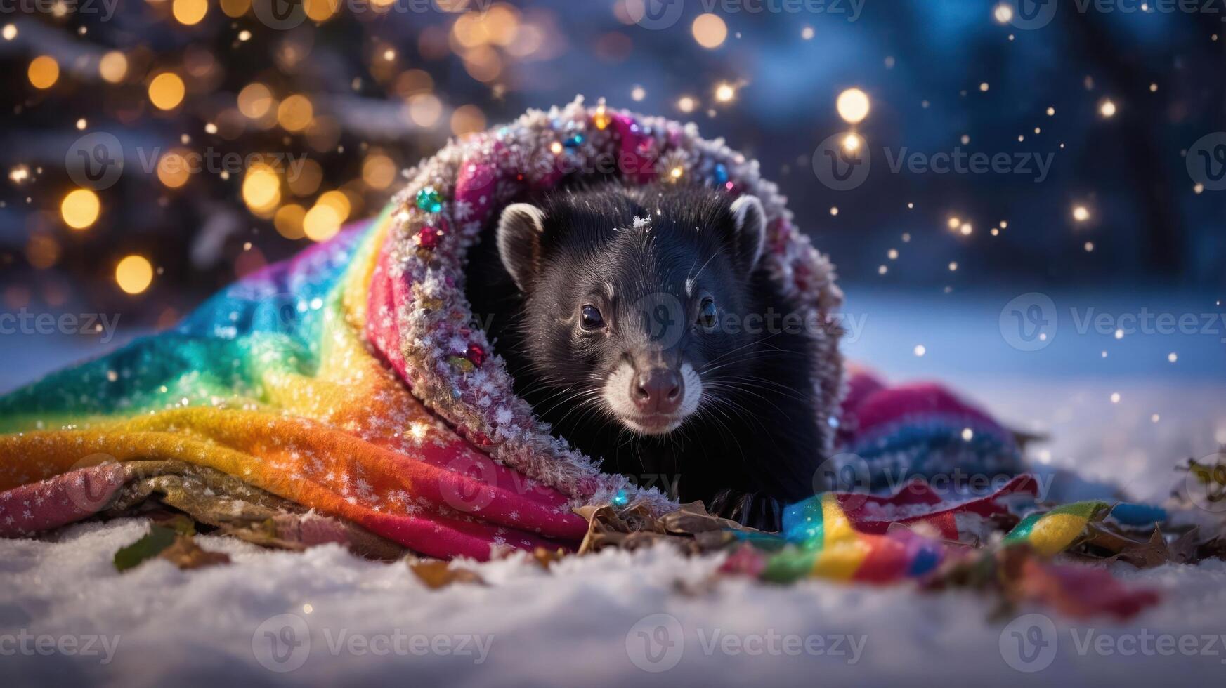 A cozy black animal wrapped in a colorful blanket, surrounded by a snowy landscape and lights. photo