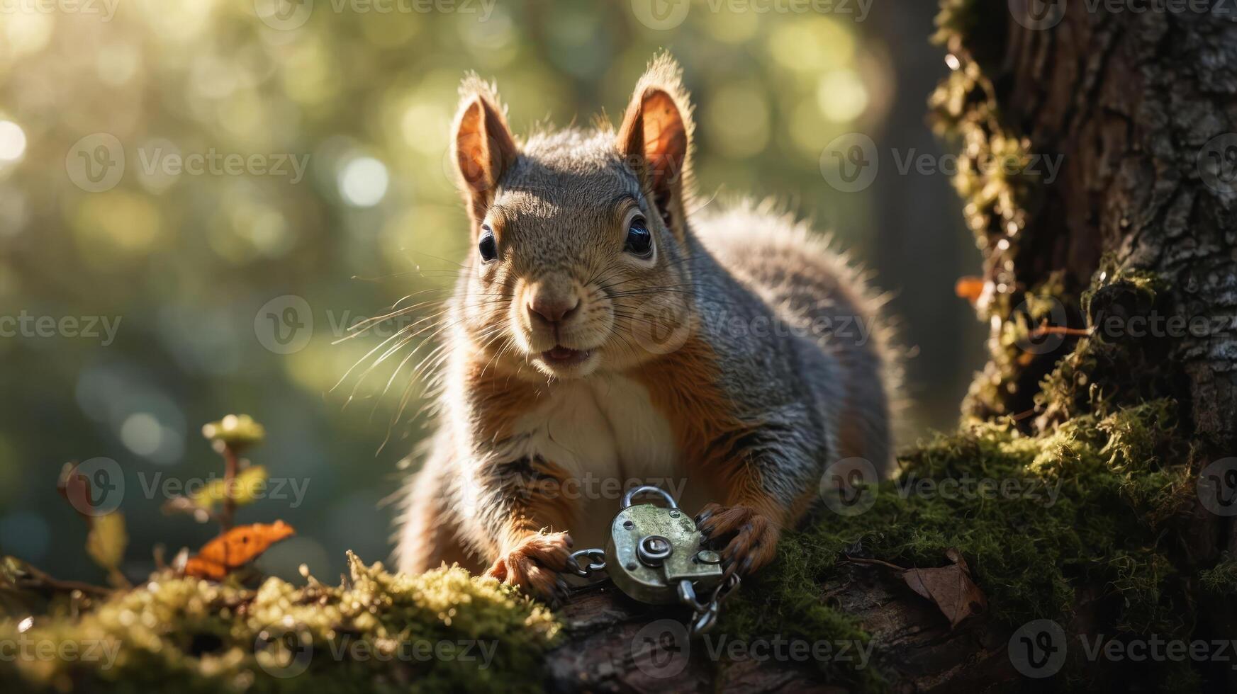 A squirrel holding a padlock on a mossy tree trunk in a sunlit forest. photo