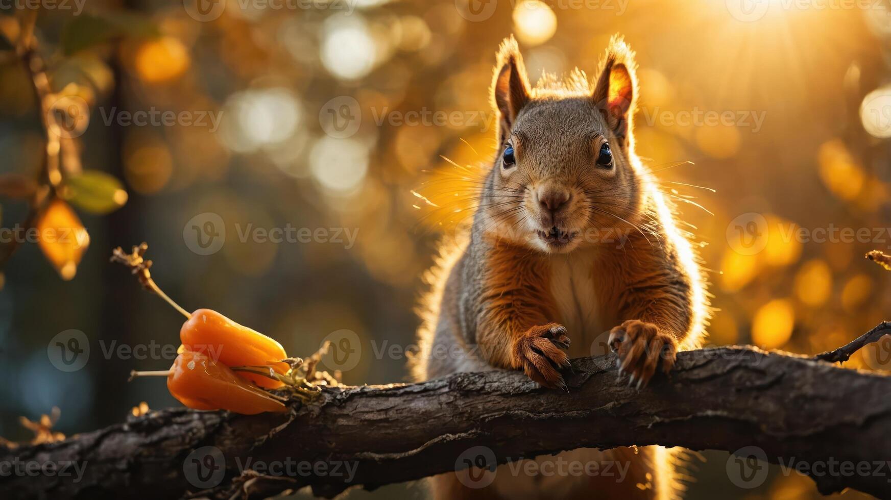 A close-up of a squirrel on a branch with a pepper, illuminated by warm sunlight. photo