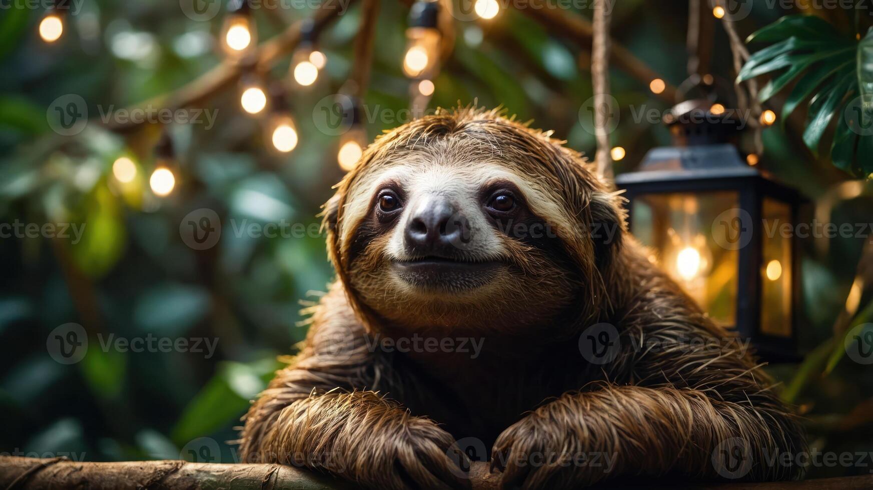 A sloth resting amidst greenery and soft lights, evoking a serene atmosphere. photo