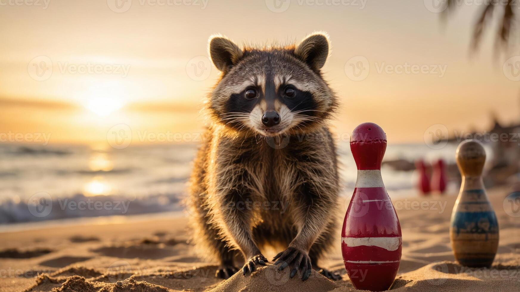 A raccoon stands on a beach beside bowling pins at sunset, creating a whimsical scene. photo