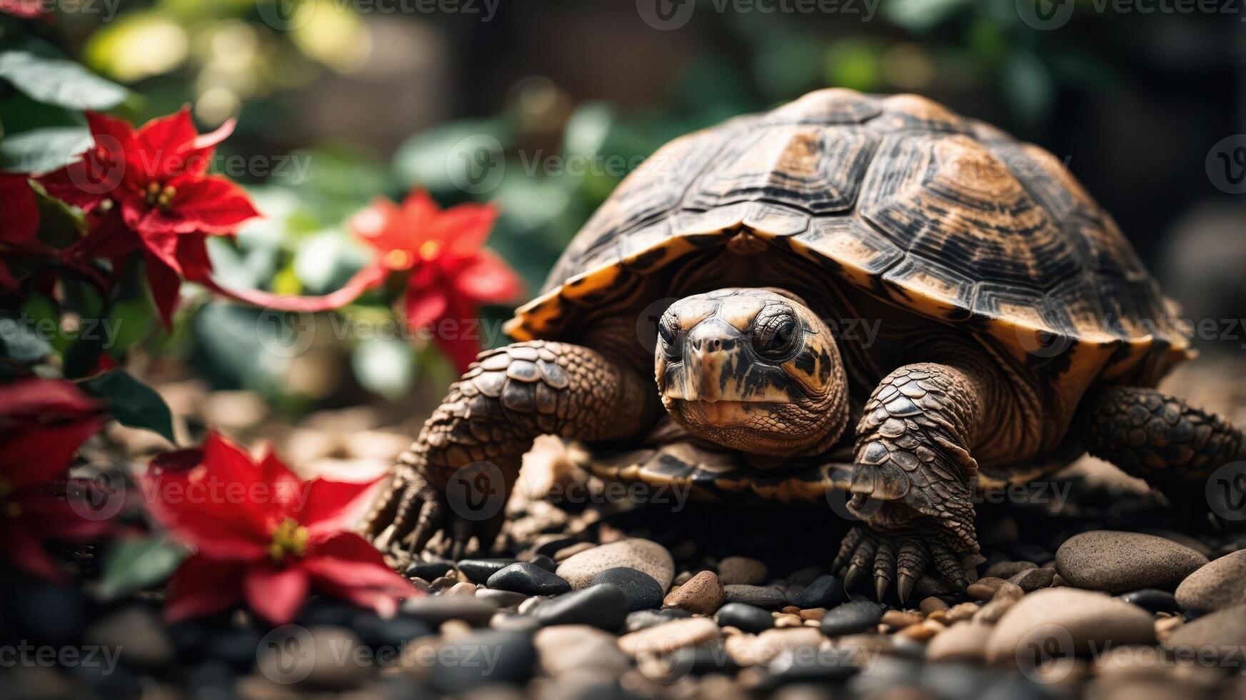 A tortoise among vibrant flowers and pebbles in a natural setting. photo