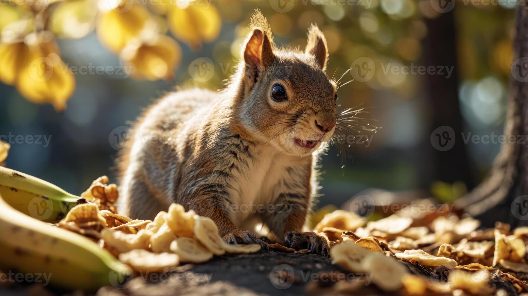 A curious squirrel exploring a forest floor covered in leaves and snacks. photo