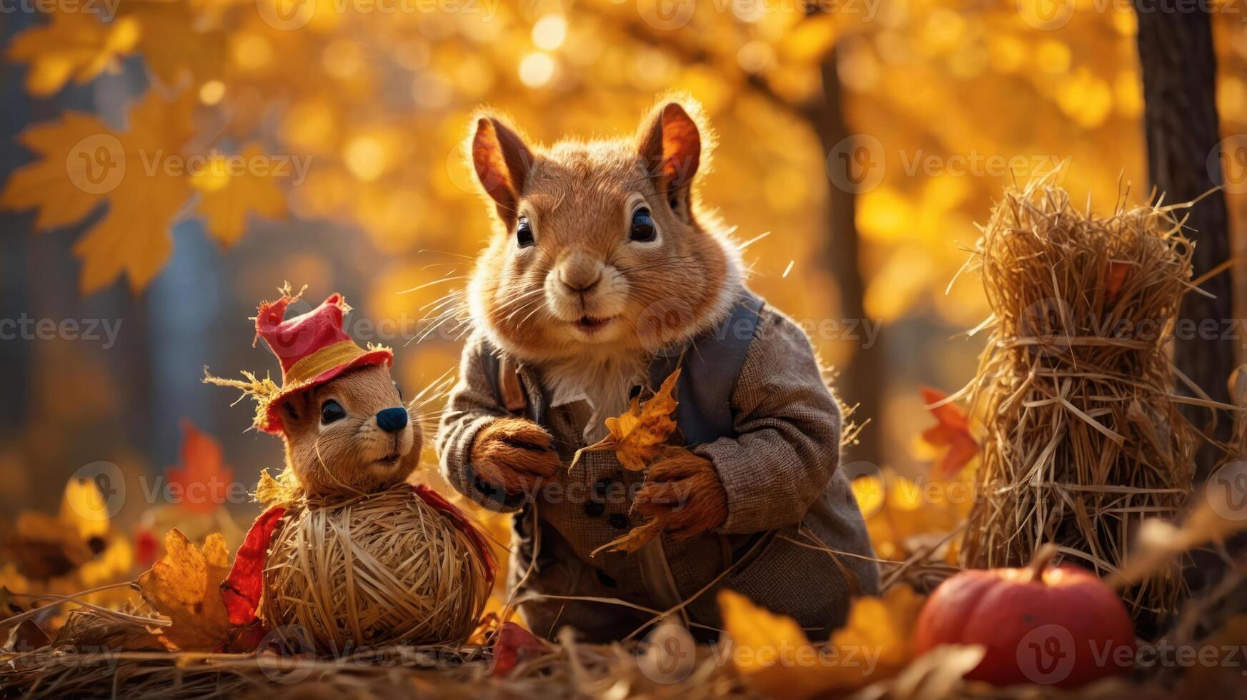 A charming scene of two animated squirrels in autumn surroundings, celebrating the season. photo
