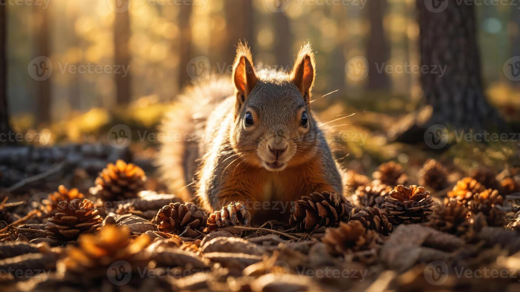 A squirrel among pine cones in a sunlit forest setting. photo