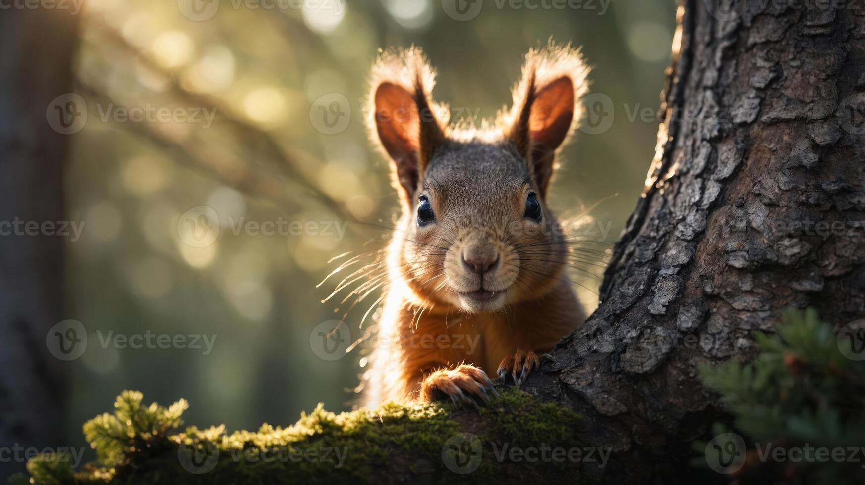 A close-up of a curious squirrel perched on a tree branch in a sunlit forest. photo