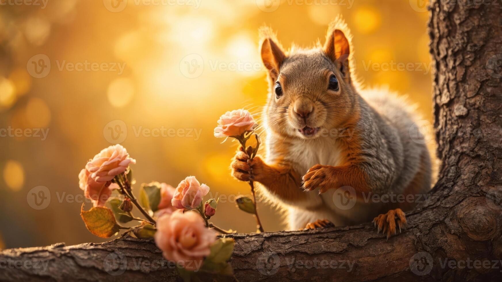 A cheerful squirrel holding a rose, set against a warm, glowing background. photo