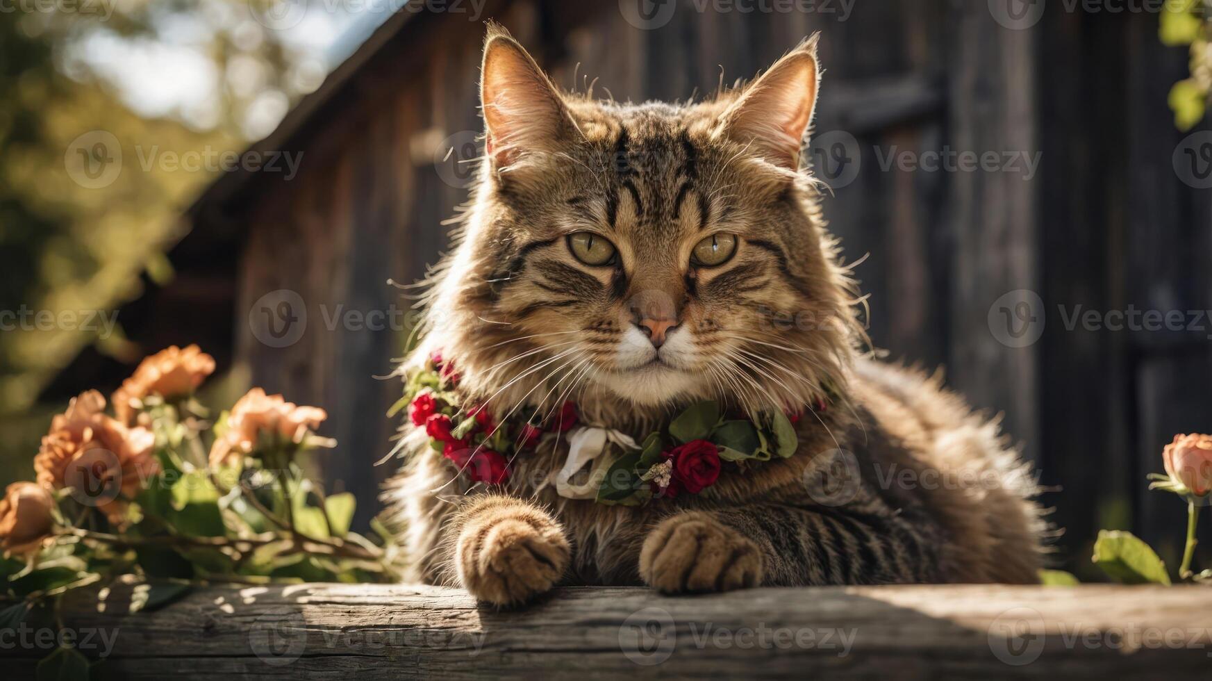 A regal cat adorned with flowers lounges gracefully in a sunlit outdoor setting. photo