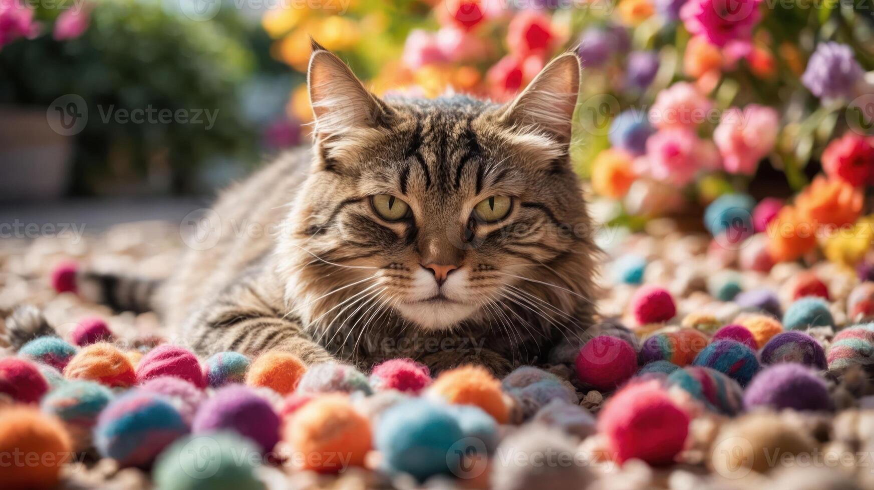 A tabby cat lounging among colorful pom-poms in a vibrant garden setting. photo