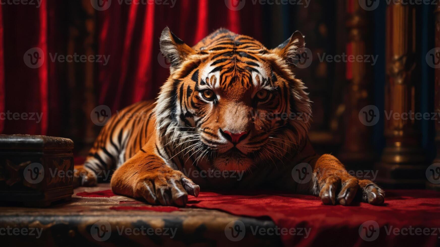 A majestic tiger resting on a red velvet surface, exuding power and grace. photo