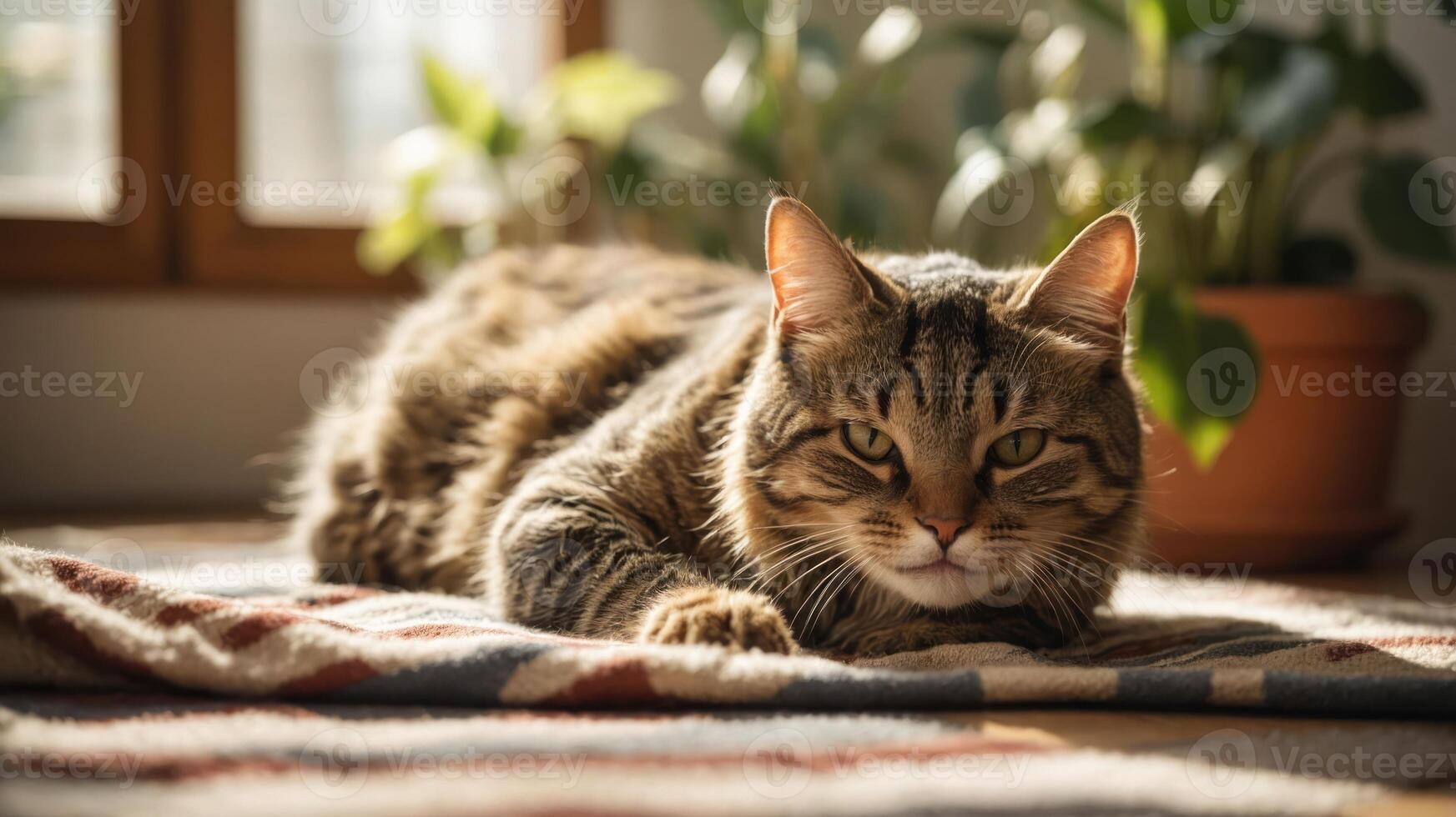 A relaxed tabby cat lounging on a rug in a sunlit room with plants in the background. photo