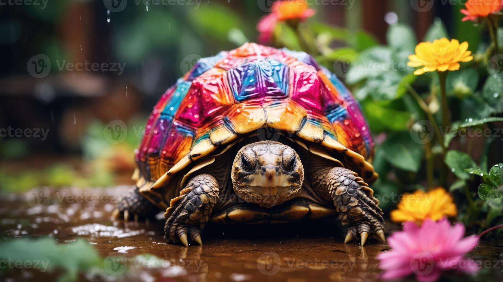 A colorful tortoise amidst flowers in a garden during light rain. photo