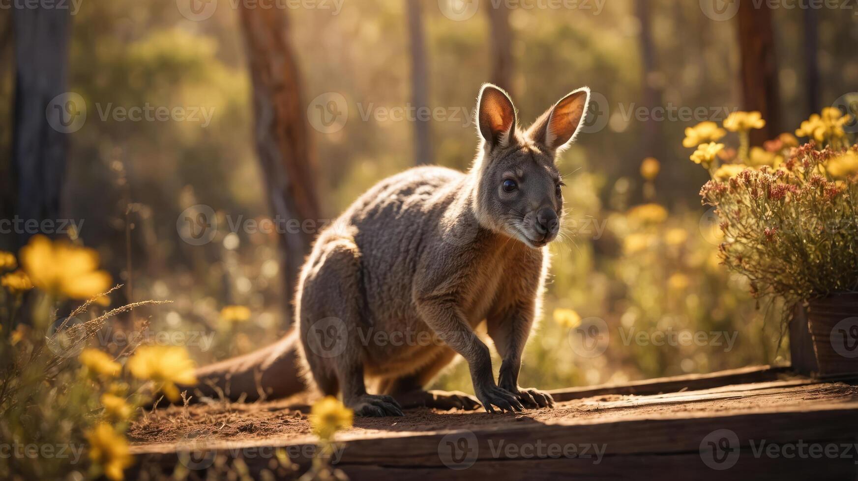 A kangaroo stands amidst vibrant flowers in a serene natural setting. photo