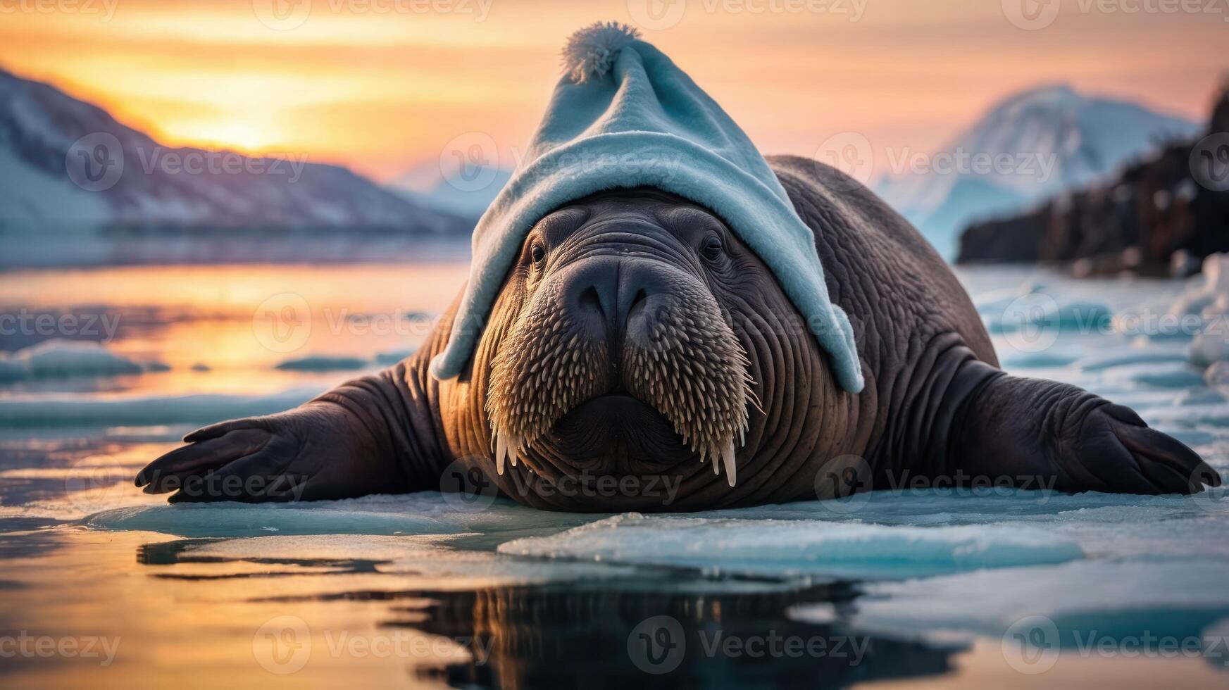 A walrus wearing a blue hat rests on ice with a sunset backdrop. photo