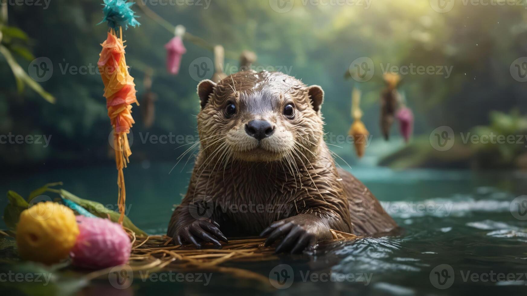 A playful otter floats on water, surrounded by colorful decorations in a serene environment. photo