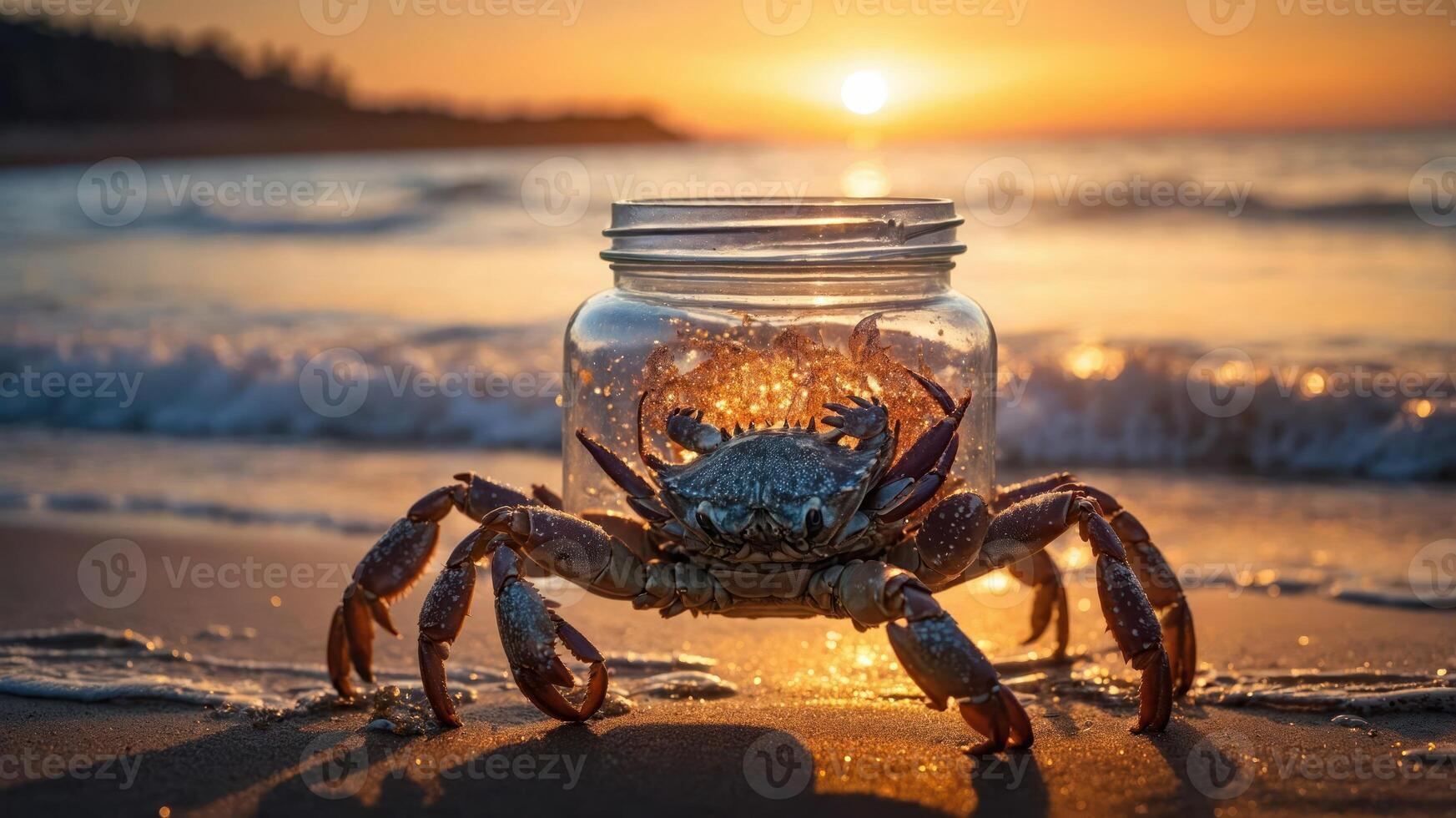 A crab sits in a jar on the beach during sunset, highlighting nature's beauty. photo
