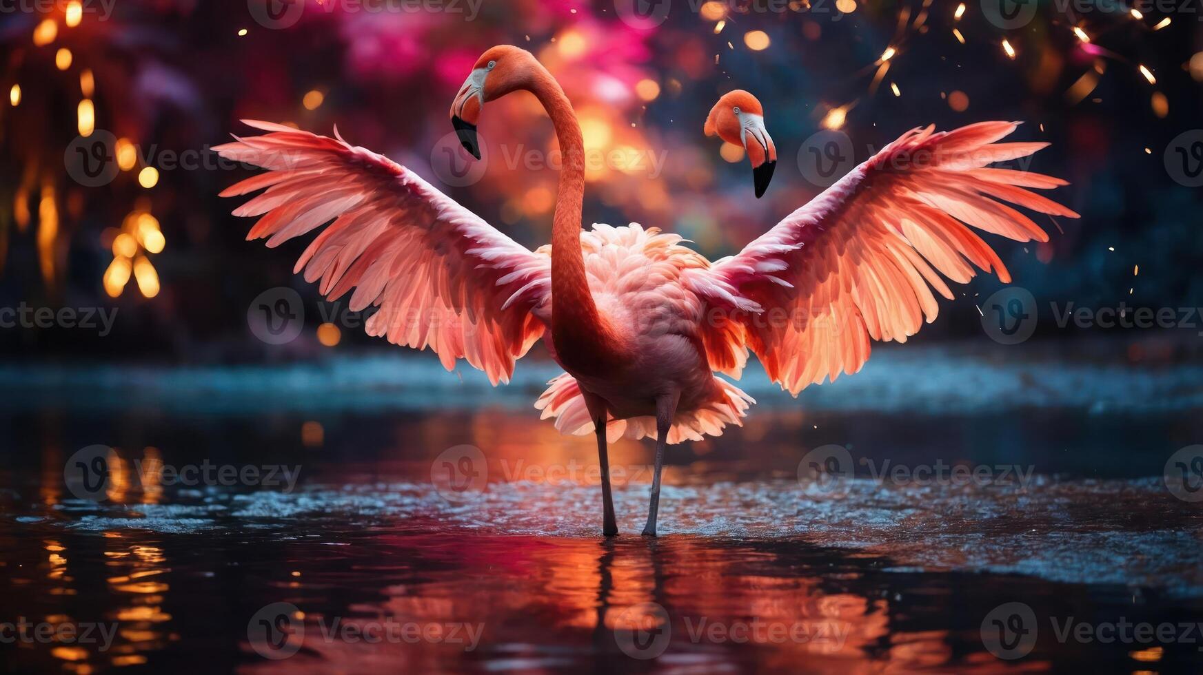 Two flamingos gracefully display their wings in a vibrant, colorful setting by the water. photo