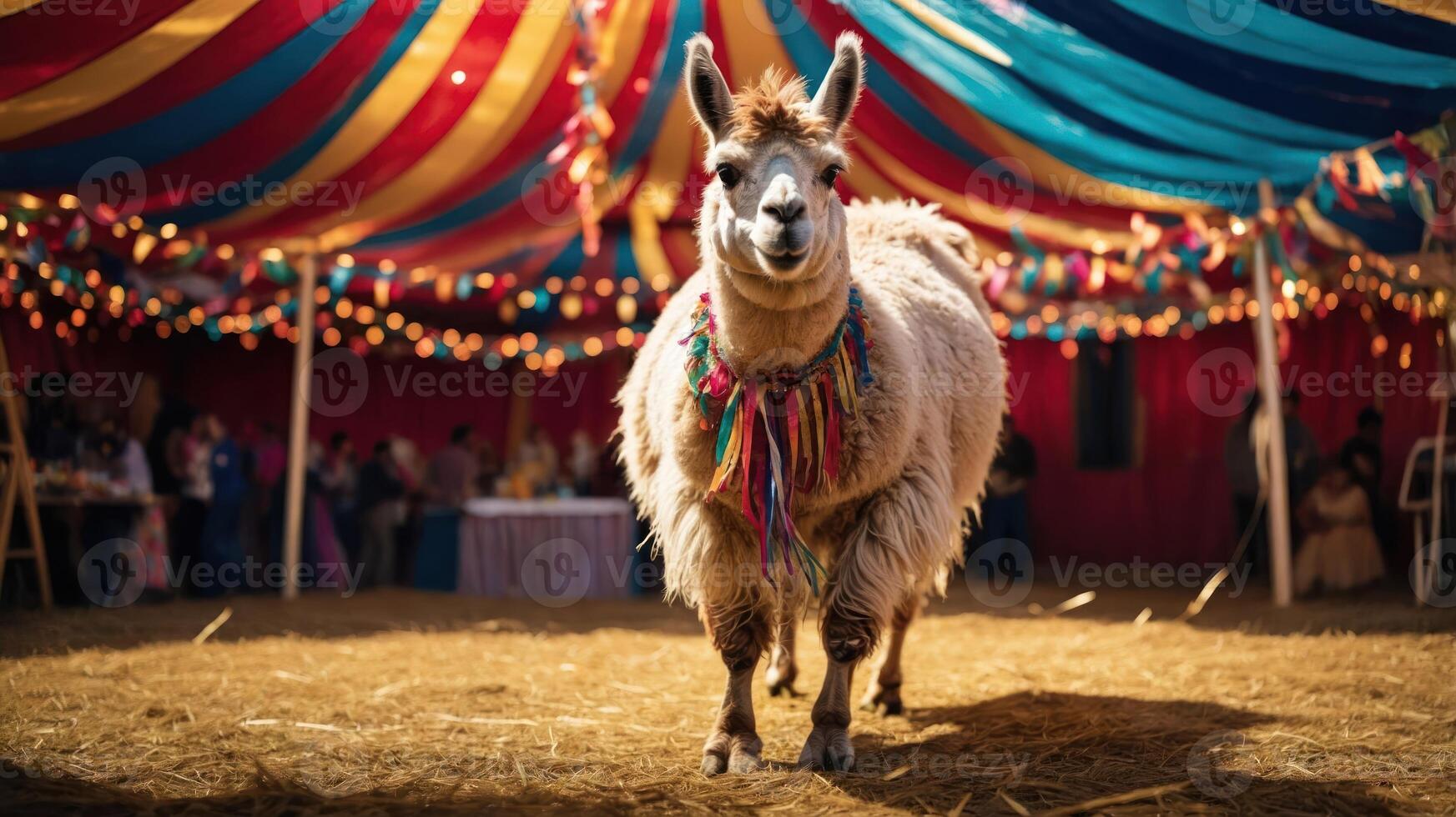 A cheerful llama adorned with colorful decorations stands in a festive, decorated tent. photo
