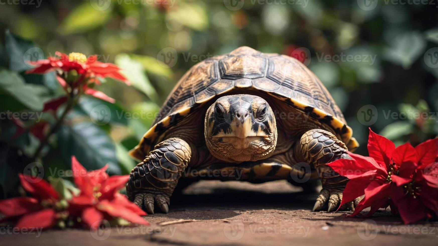 A tortoise surrounded by vibrant flowers in a lush garden setting. photo