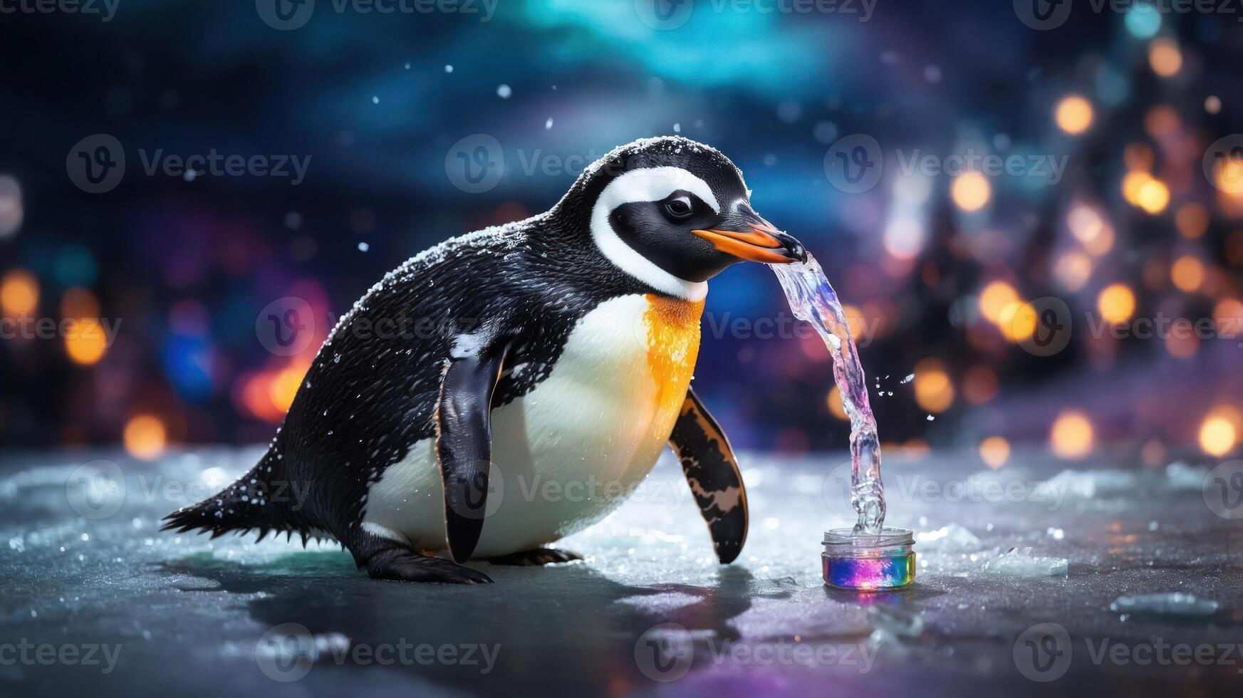 A penguin drinking water from a colorful container in a snowy setting. photo