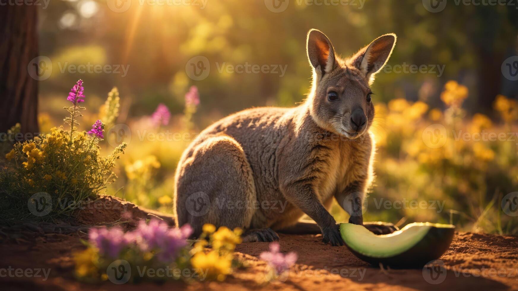 A kangaroo enjoying a slice of melon in a vibrant, flower-filled landscape at sunset. photo