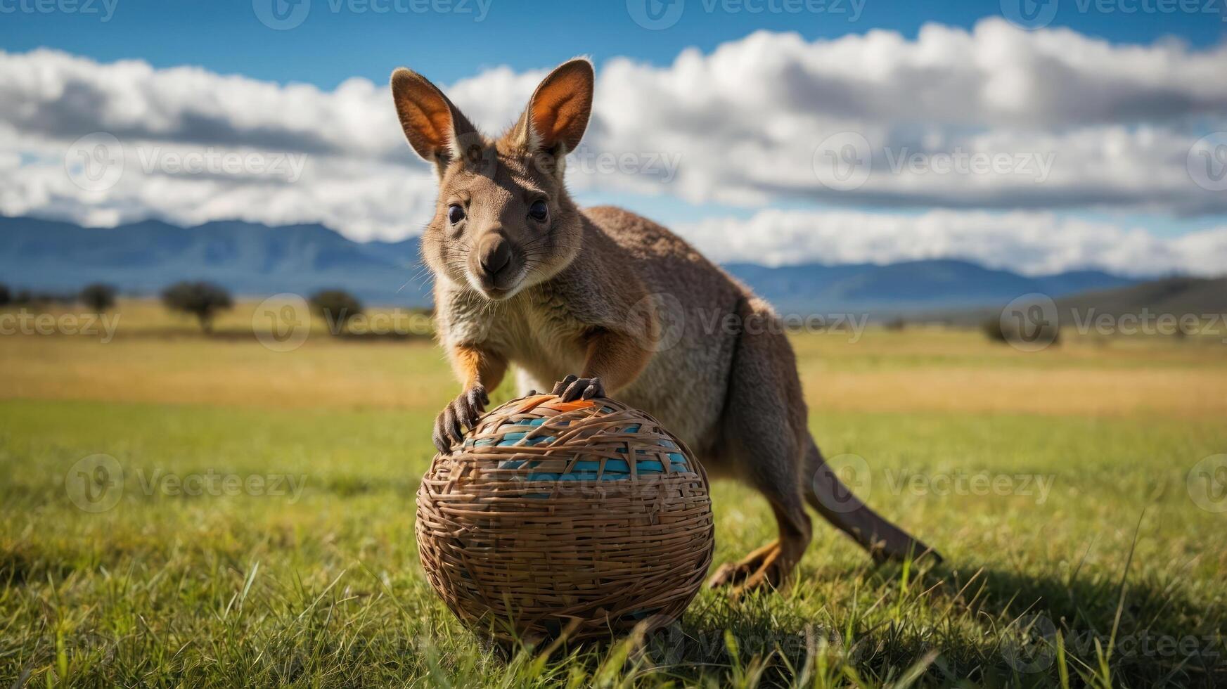 A kangaroo interacting with a woven basket in a scenic landscape. photo