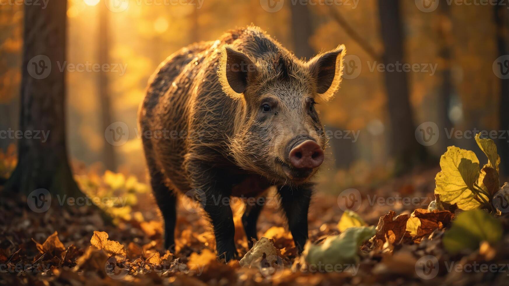 A wild boar stands in a sunlit forest, surrounded by autumn leaves. photo