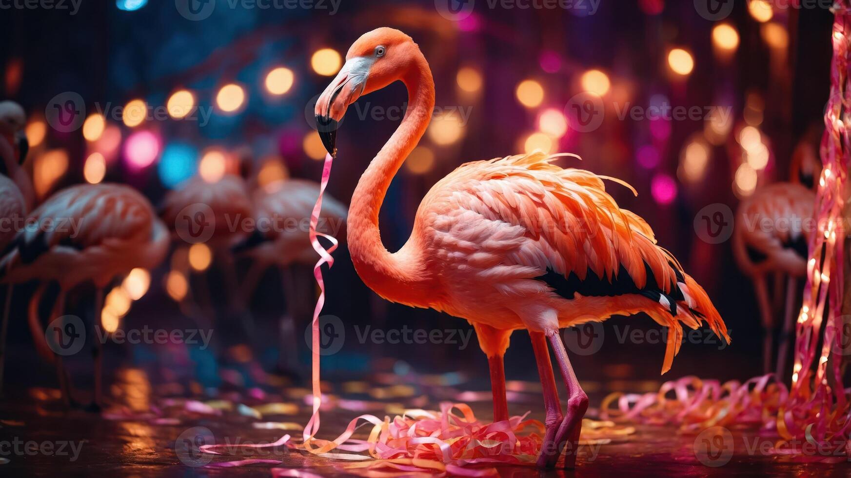 A vibrant flamingo stands amidst colorful lights and decorations. photo