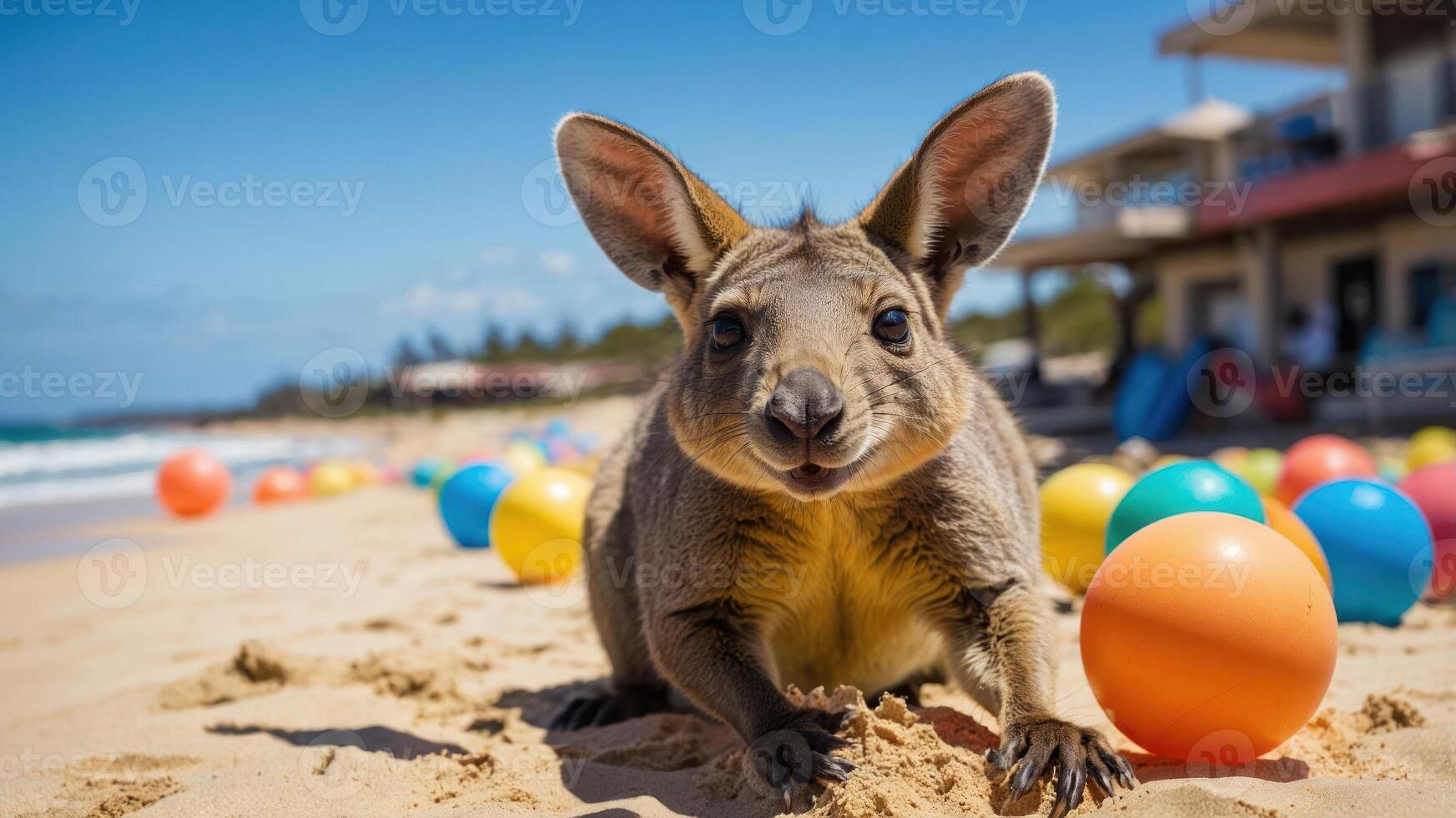 A playful animal on a sandy beach surrounded by colorful balls. photo