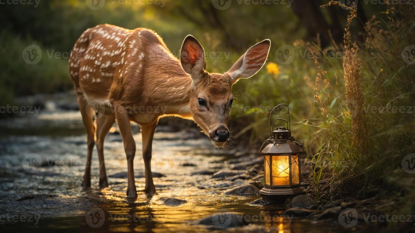 A fawn stands by a lantern in a serene stream setting at sunset. photo