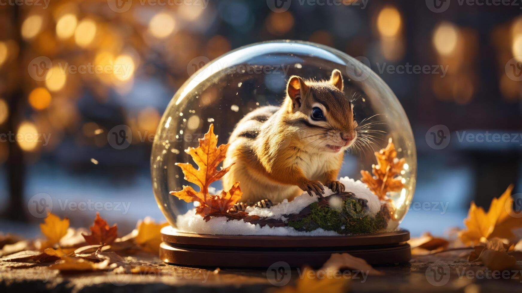 A charming chipmunk in a snow globe surrounded by autumn leaves. photo