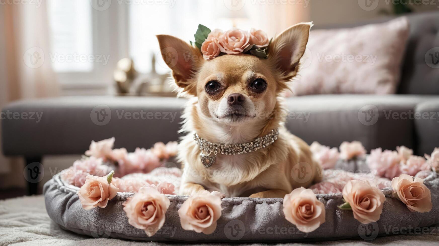 A stylish dog adorned with flowers, resting on a cozy bed in a beautifully decorated room. photo