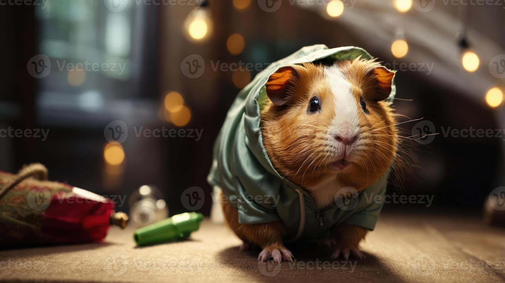 A guinea pig dressed in a green coat, surrounded by festive decorations and soft lighting. photo
