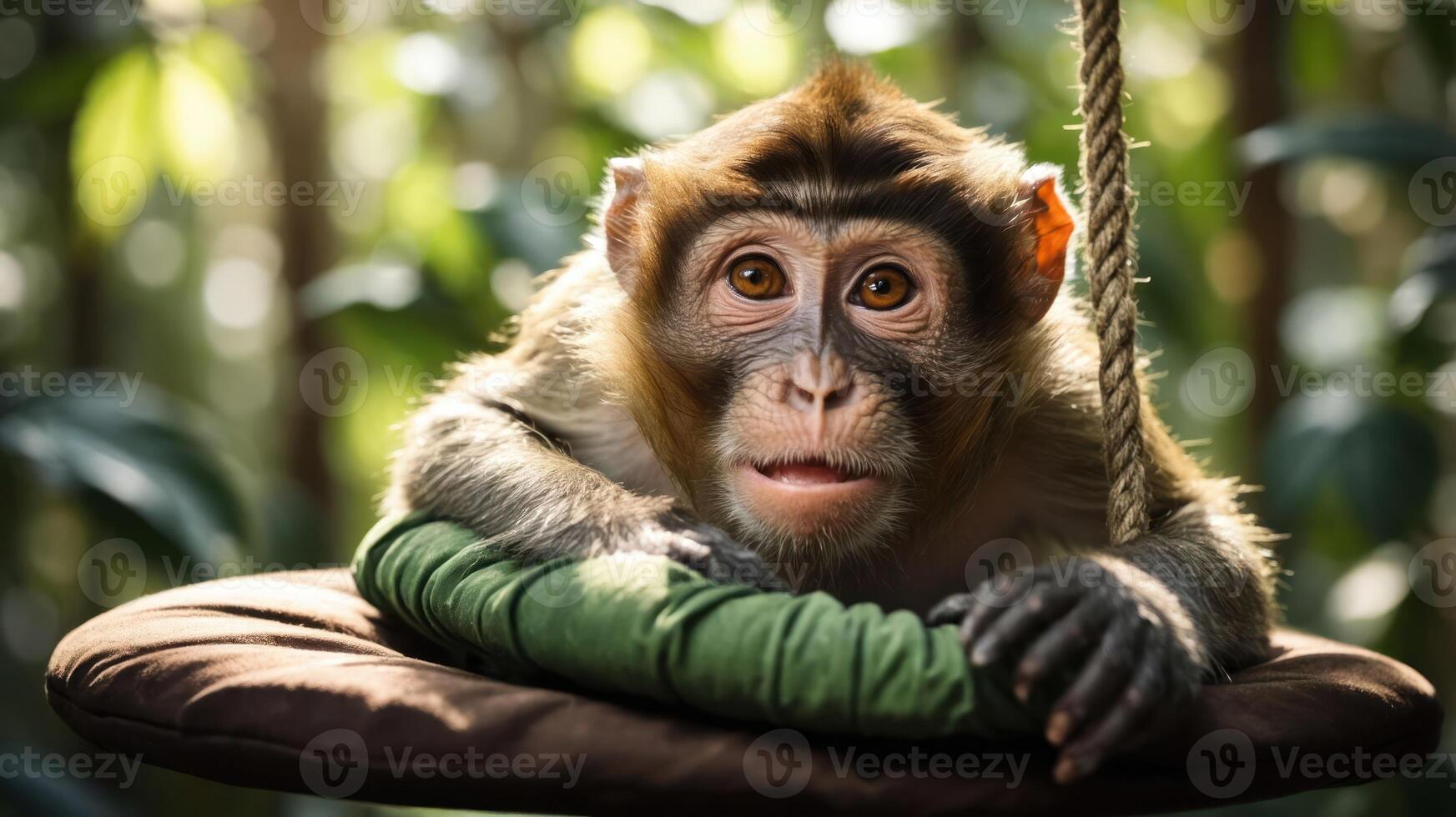 A close-up of a monkey resting on a swing in a lush green environment. photo