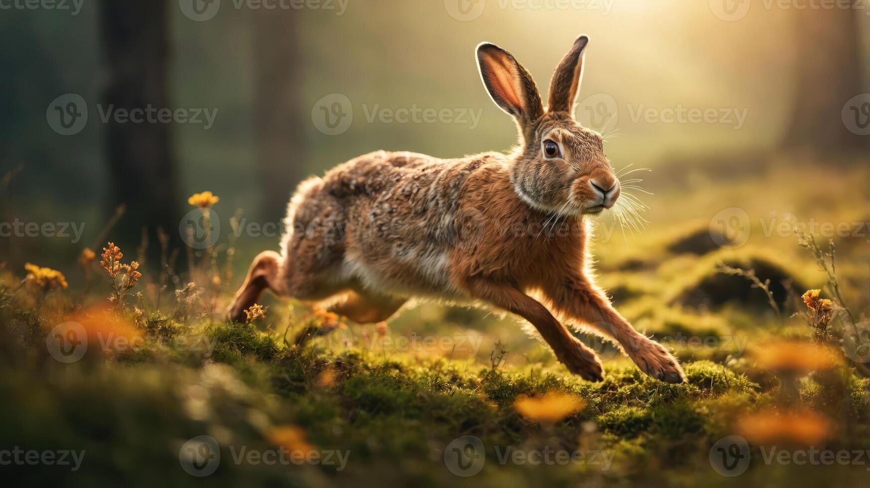 A rabbit gracefully leaps through a sunlit forest, surrounded by blooming flowers. photo