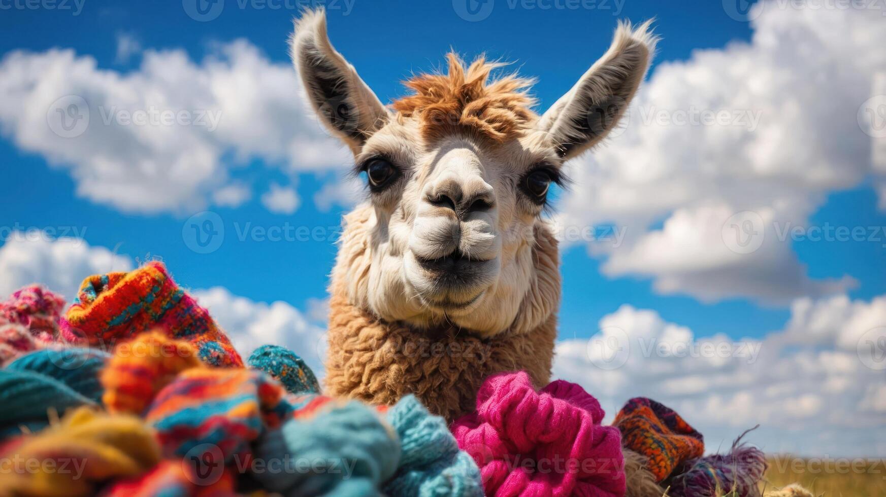 A close-up of a llama surrounded by colorful yarn in a scenic outdoor setting. photo