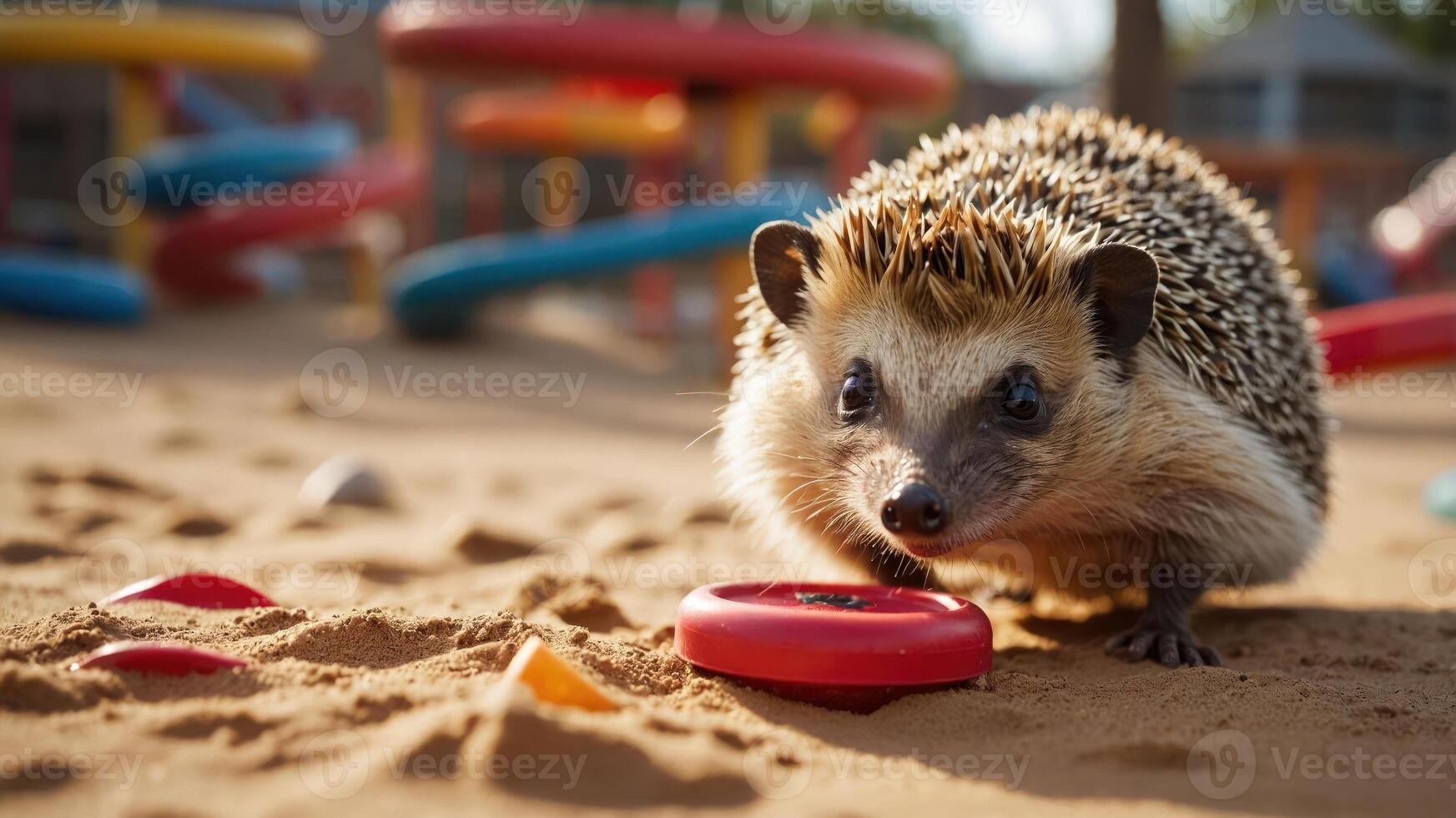 A hedgehog exploring a sandy playground with colorful toys scattered around. photo