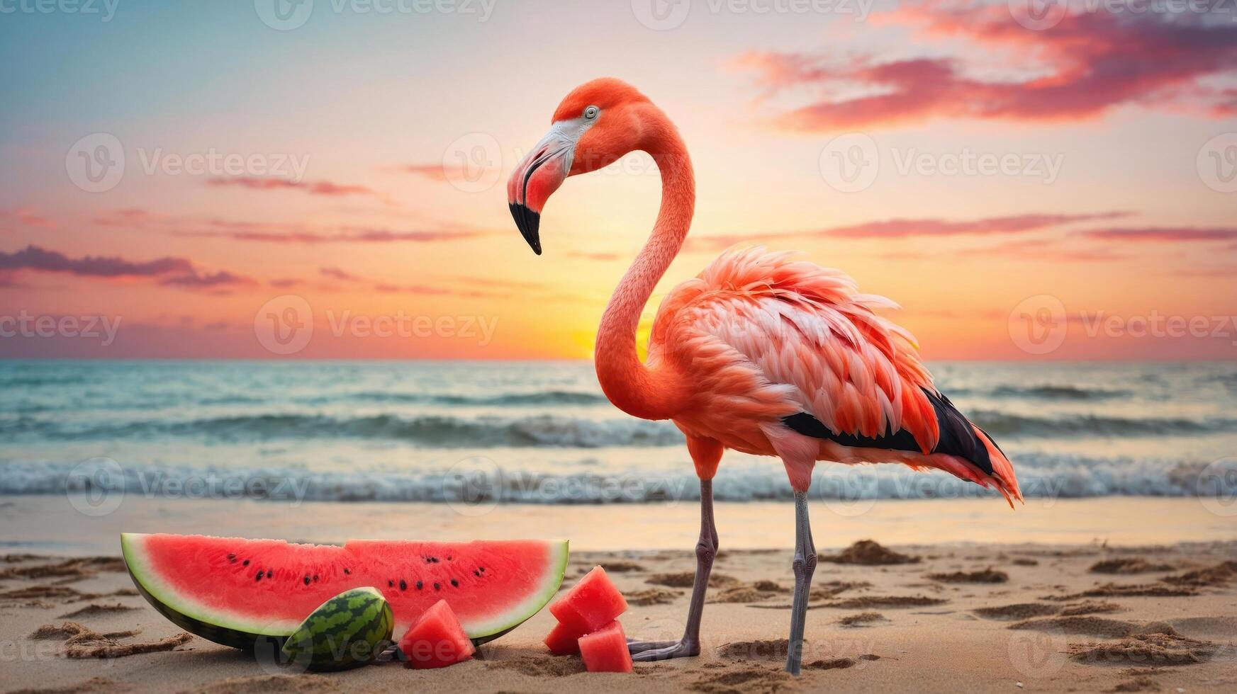 A flamingo stands beside watermelon slices on a beach at sunset, creating a vibrant scene. photo