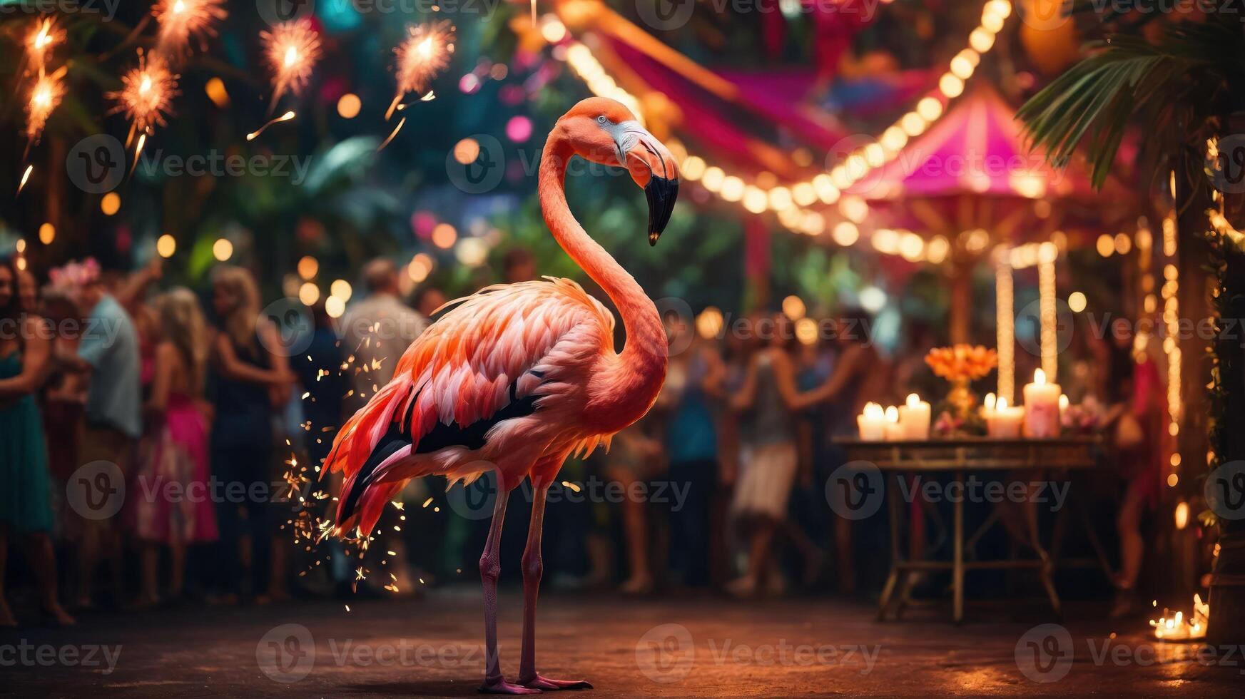 A vibrant flamingo stands amidst a festive party atmosphere with sparklers and decorations. photo
