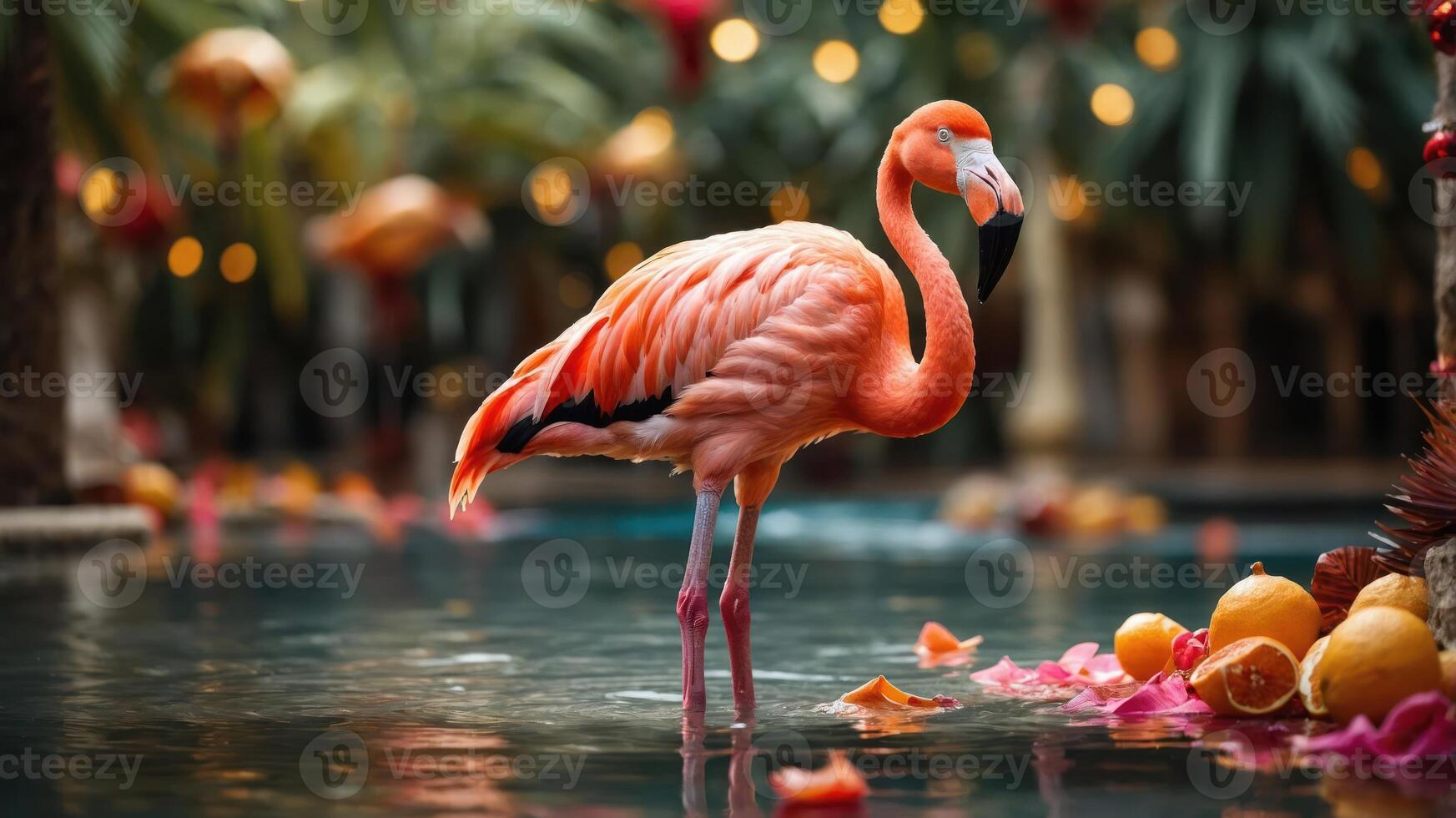 A vibrant flamingo stands in a serene pool surrounded by tropical flora and colorful petals. photo