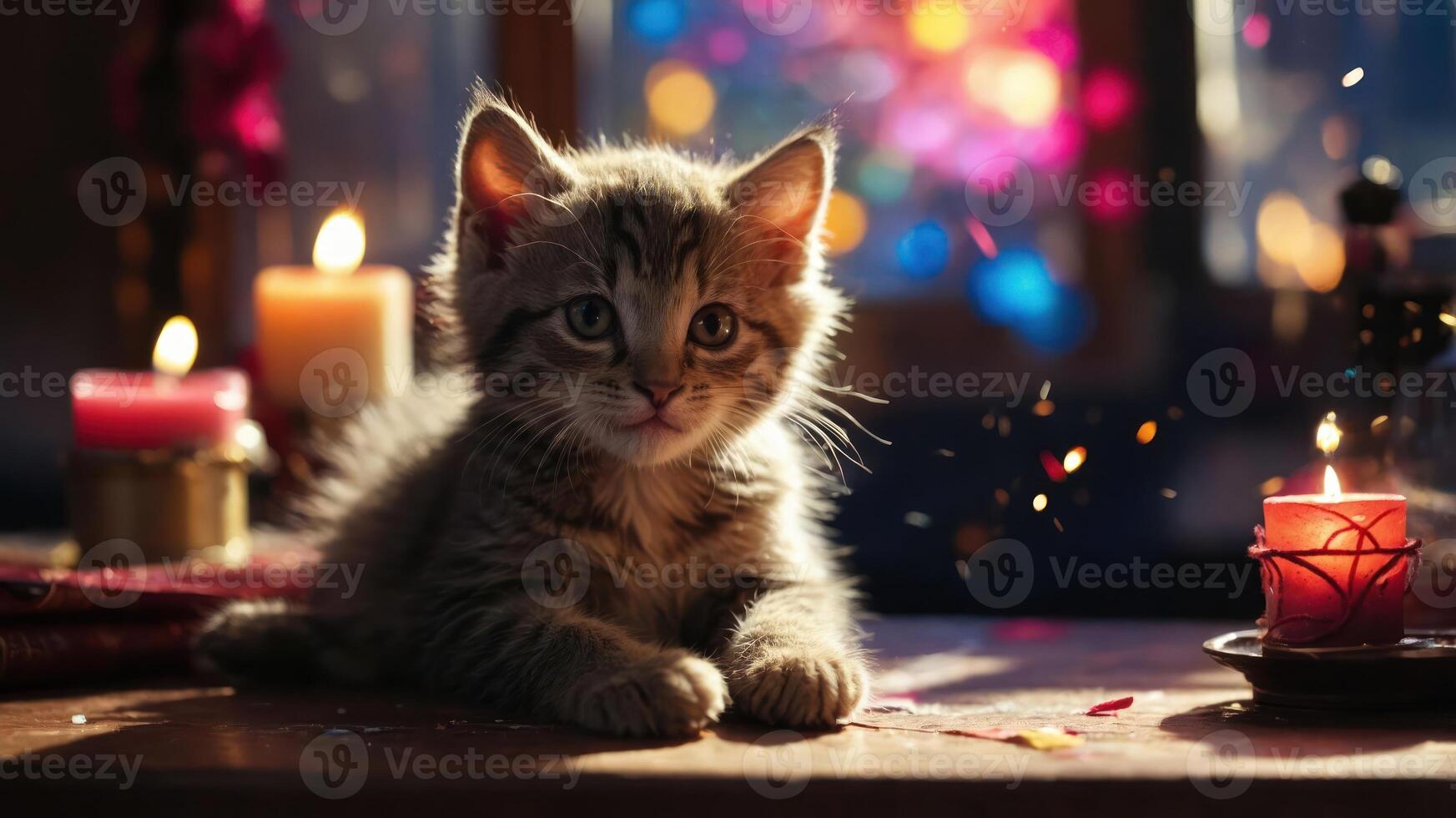 A playful kitten rests on a table surrounded by candles, creating a cozy atmosphere. photo