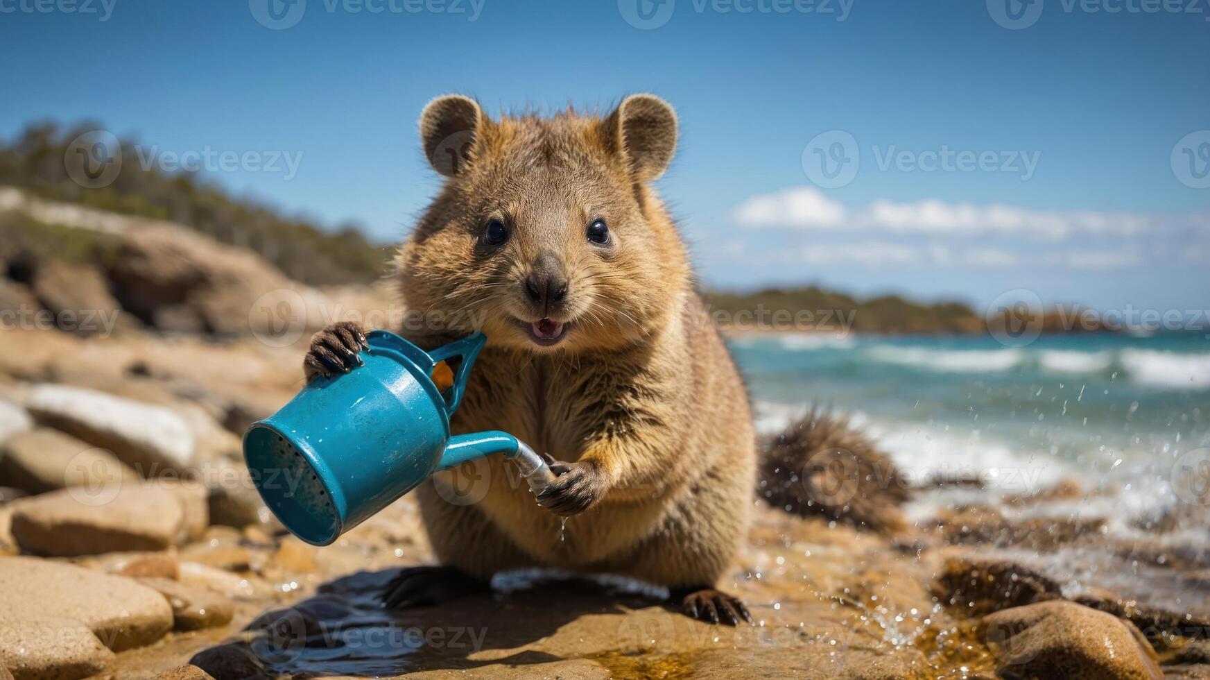 A cheerful animal holding a watering can on a beach, enjoying the sunny day by the ocean. photo