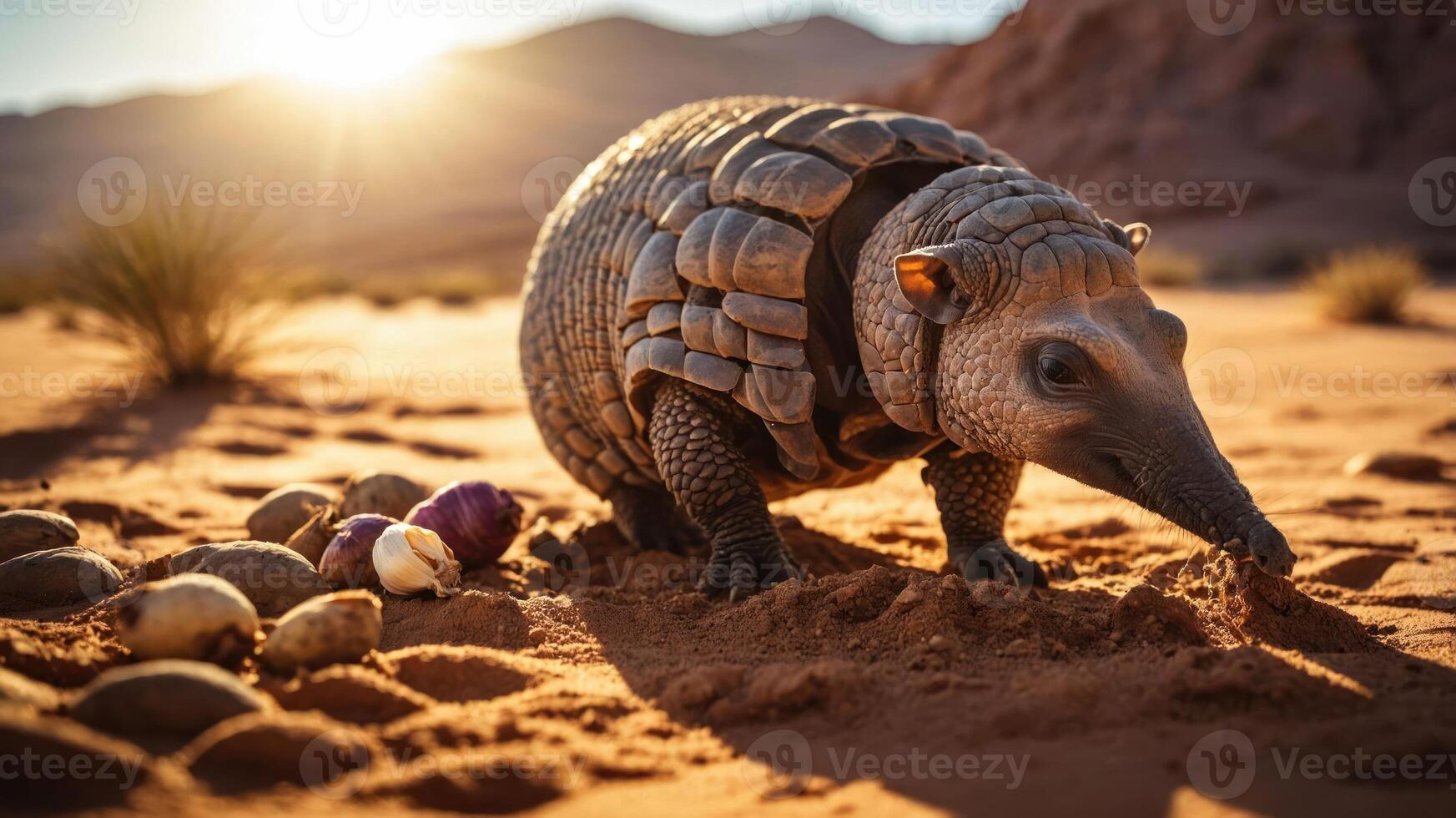 A creature resembling an armadillo forages in a desert landscape at sunset. photo