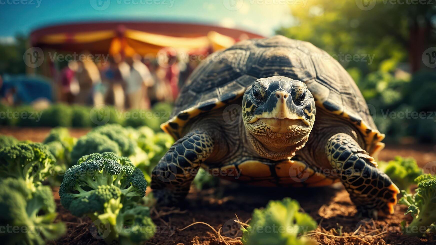 A close-up of a turtle crawling among green plants with people in the background. photo